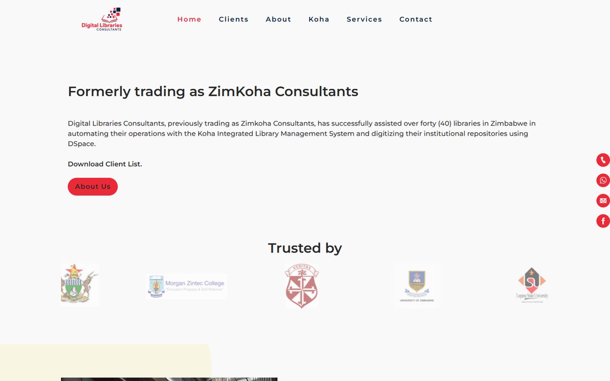 Homepage of Digital Libraries Consultants, with logos of institutions they have worked with