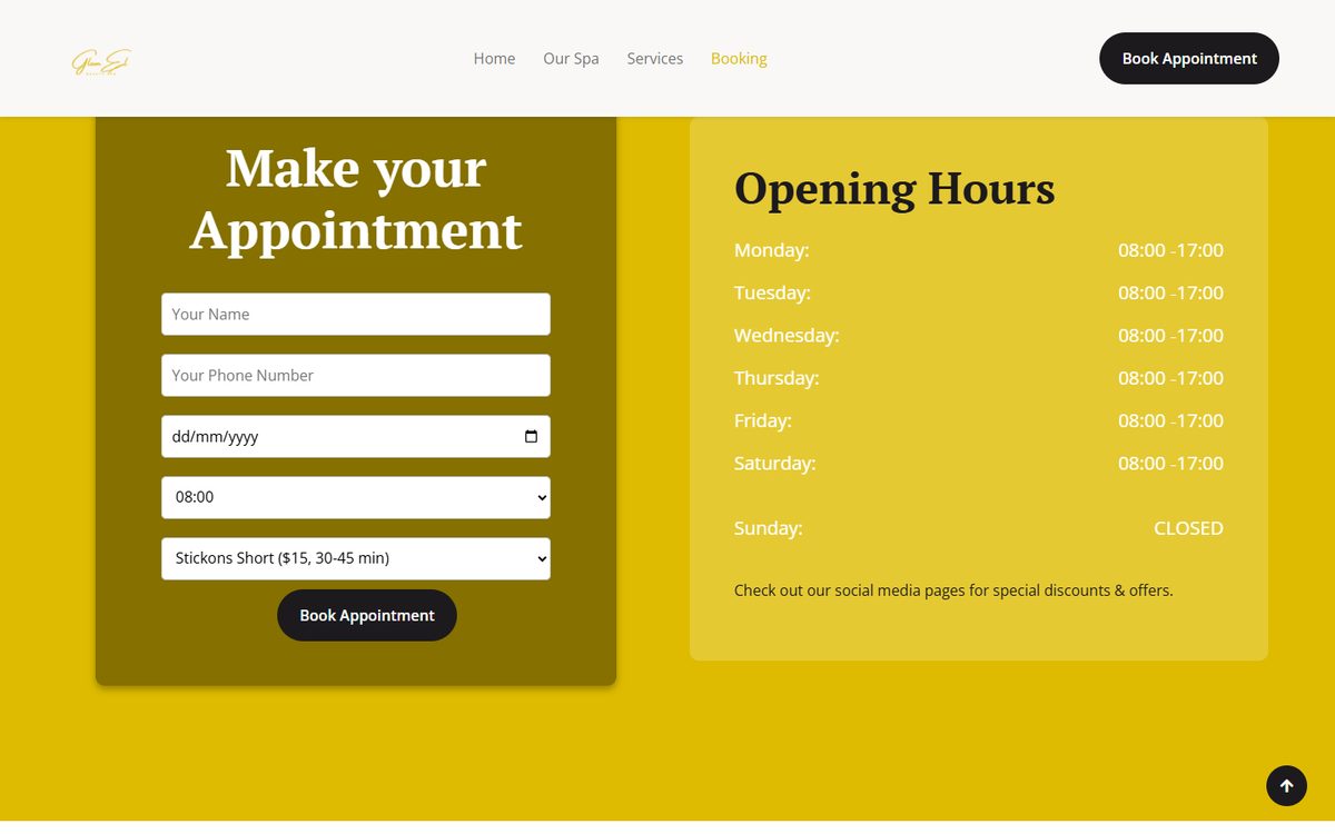 Booking page of GlamEl Beauty Spa, with an appointment form and the opening hours
