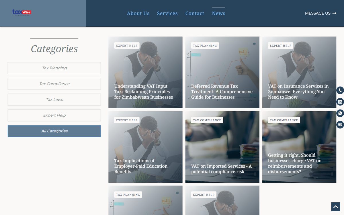 News page of Taxwise Solutions, listing blog articles with a category filter